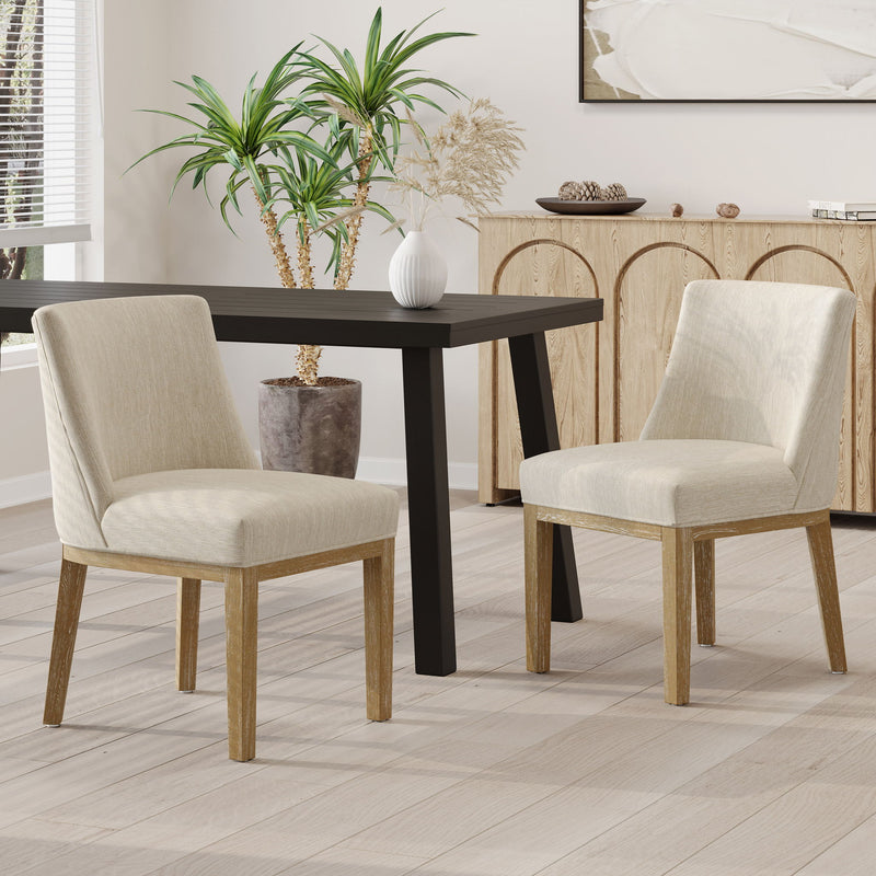 Set of two Noble House modern dining chairs with durable fabric upholstery and sturdy wooden frames, showcasing stylish seating.