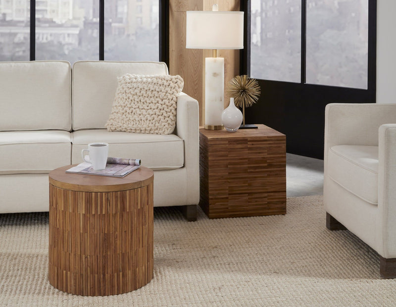 One Wood Tile Round End Table in Solid Teak