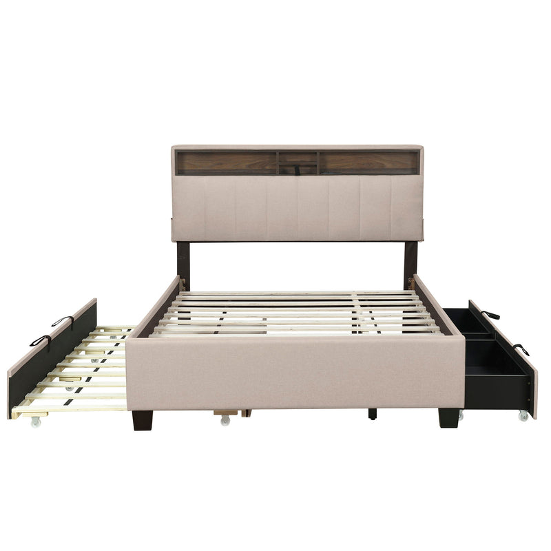 Upholstered Platform Bed With Storage Headboard, Trundle & 2 Drawers And A Set Of Sockets & USB Ports - R&R Furniture Gallery (Fountain Valley, CA)