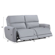 Gray ACME Jeromie power motion sofa with USB port, featuring reclining seats and synthetic leather upholstery.