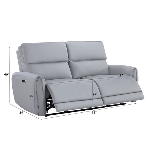 Gray ACME Jeromie power motion sofa with USB port, featuring reclining seats and synthetic leather upholstery.