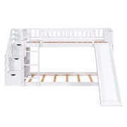 DreamHaus twin over twin stairway bunk bed with two drawers and slide, featuring sturdy wood construction and a fun play slide.