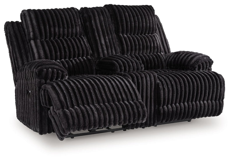 Rhine Falls - Double Reclining Power Loveseat With Console - Onyx - R&R Furniture Gallery (Fountain Valley, CA)