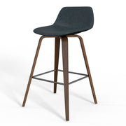Set of two Simpli-Home Randolph Bentwood counter and bar height stools with wood seats and metal legs.