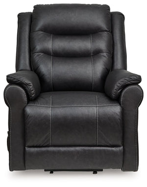 Signature Design by Ashley Oatman power lift recliner in plush fabric, showing the chair extended with adjustable footrest and backrest