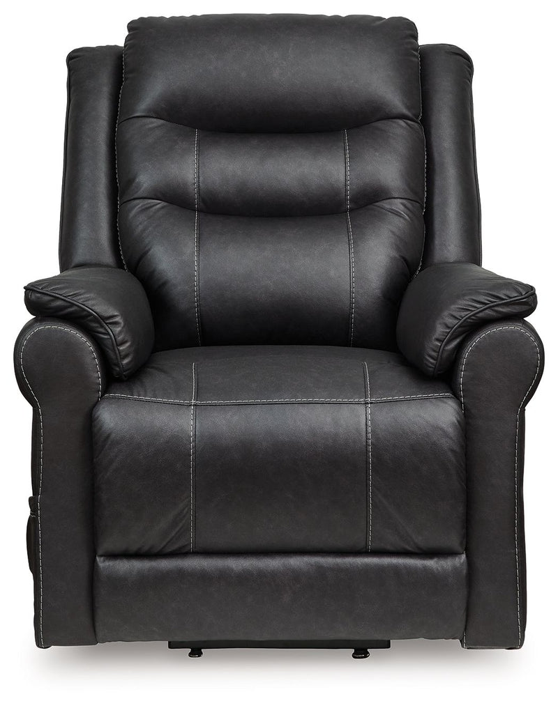 Signature Design by Ashley Oatman power lift recliner in plush fabric, showing the chair extended with adjustable footrest and backrest