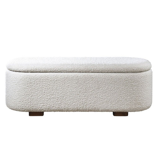 ACME Sandro storage bench with beige boucle fabric and walnut wood accents, featuring a cushioned top and hidden storage compartment.