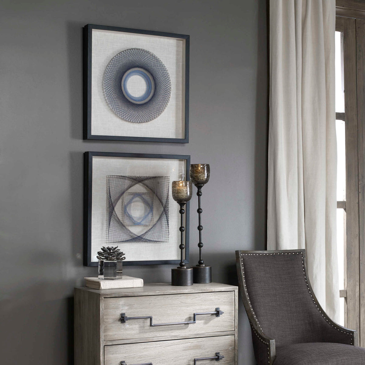 Set of two black geometric art strings wall decor by Uttermost, featuring modern abstract design for stylish interior accents.