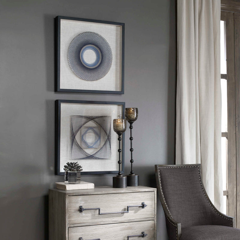 Set of two black geometric art strings wall decor by Uttermost, featuring modern abstract design for stylish interior accents.