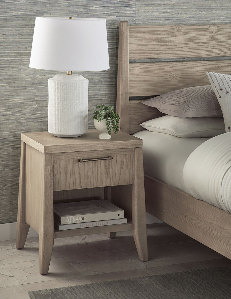 Modus Sumire ash wood nightstand with one drawer and shelf in ginger finish, showcasing sleek modern design and natural wood grain.