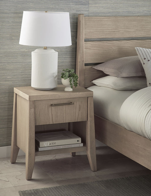 Modus Sumire ash wood nightstand with one drawer and shelf in ginger finish, showcasing sleek modern design and natural wood grain.