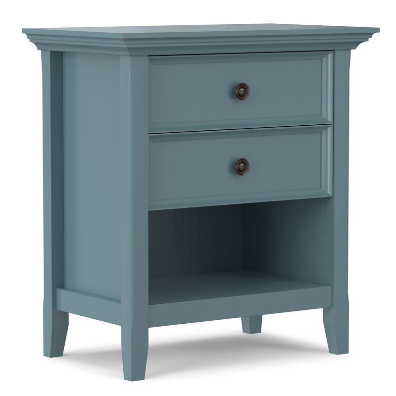 Handcrafted Amherst bedside table by Simpli-Home, featuring a wooden surface and storage drawer for bedroom decor.