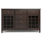 Simpli-Home Connaught Sideboard Buffet with glass-front cabinets and six drawers, vintage-style dining storage unit.