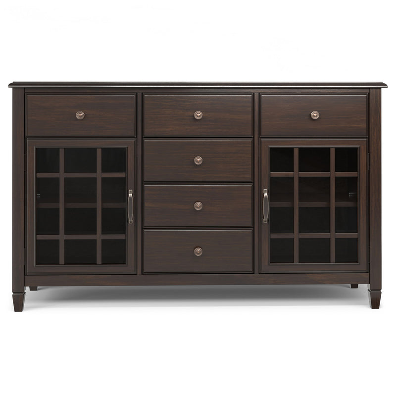 Simpli-Home Connaught Sideboard Buffet with glass-front cabinets and six drawers, vintage-style dining storage unit.