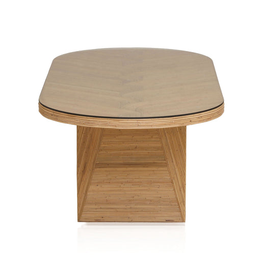 Caren oval dining table by TOV Furniture with a natural wood finish, showcasing smooth oval tabletop and sturdy legs.