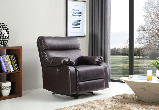 Glory Furniture modern design rocker recliner chair with padded armrests and plush upholstery, ideal for relaxing and lounging.