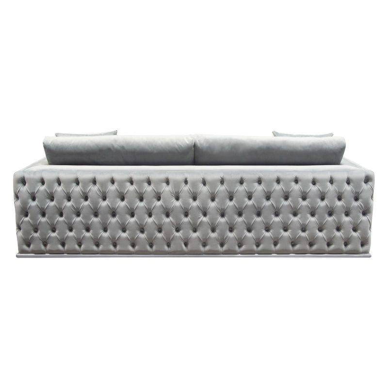Envy Sofa in Platinum Grey Velvet with Tufted Outside Detail and Silver Metal Trim by Diamond Sofa