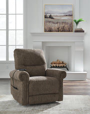 Aureta Power Lift Recliner by Signature Design Ashley in plush fabric, showing the chair's ergonomic design and control panel.