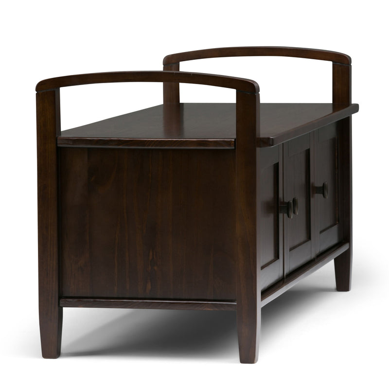 Handcrafted Warm Shaker entryway storage bench from Simpli-Home with wooden finish and cushioned seat, perfect for seating and organizing.