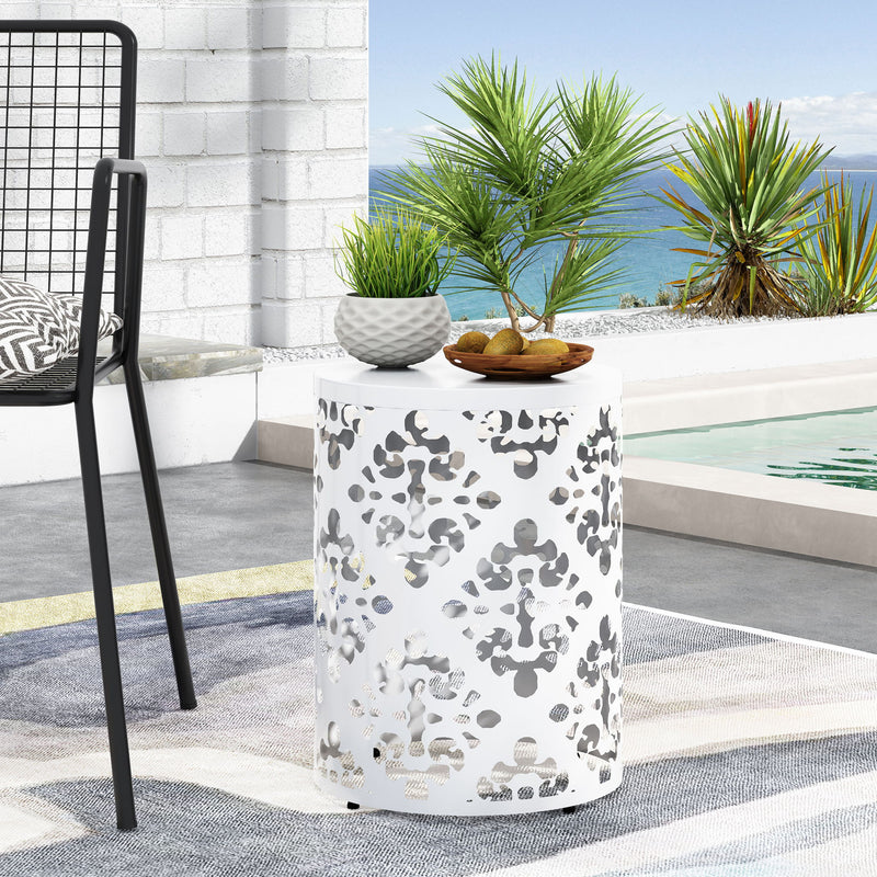 Modern outdoor metal end table with sleek design, featuring a durable metal frame and stylish surface, perfect for patio or garden use.