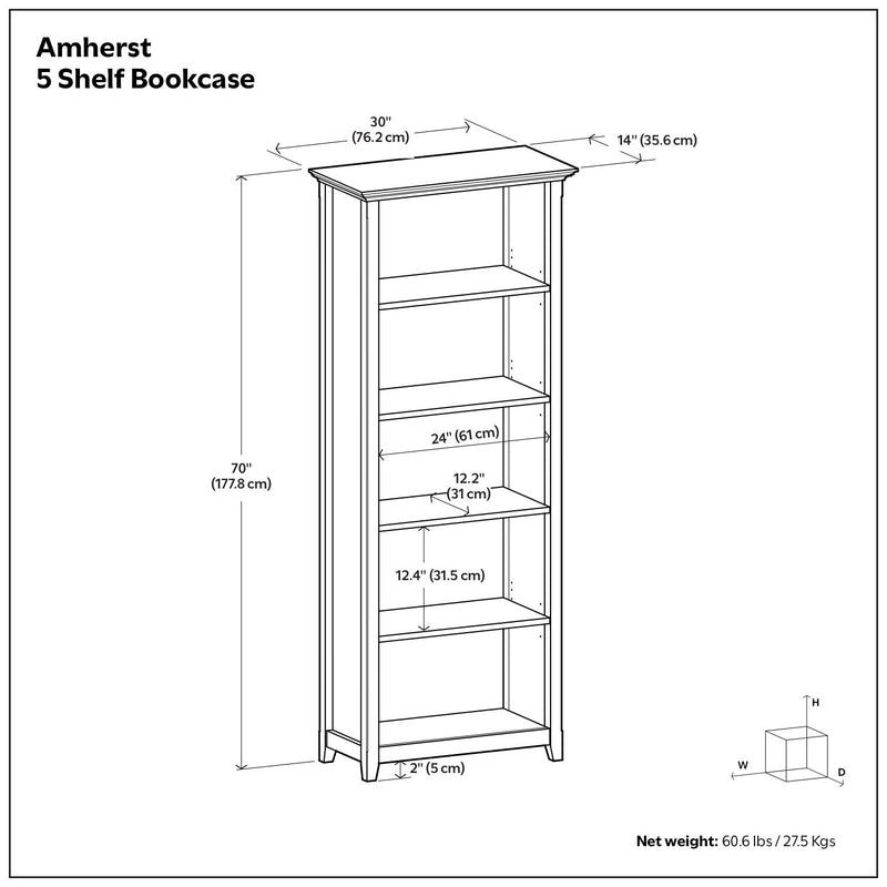 Handcrafted Amherst 5-shelf bookcase by Simpli-Home, featuring a sturdy wooden design with five spacious shelves for storage.