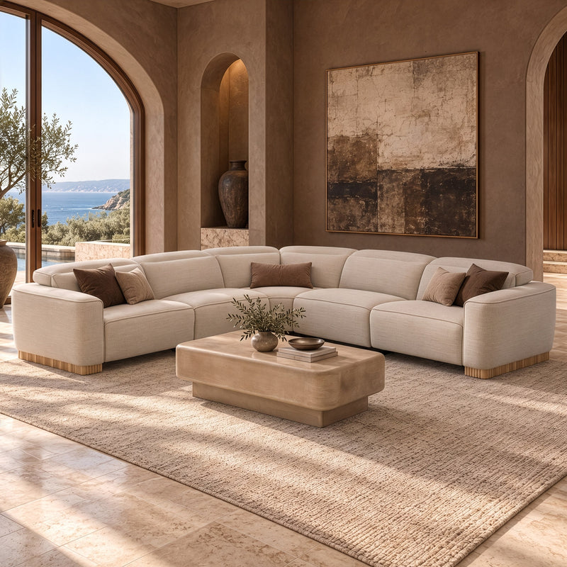 Aris - Modern Beige Fabric Sectional Sofa w/ 3 Power Recliners & Headrests — view 2