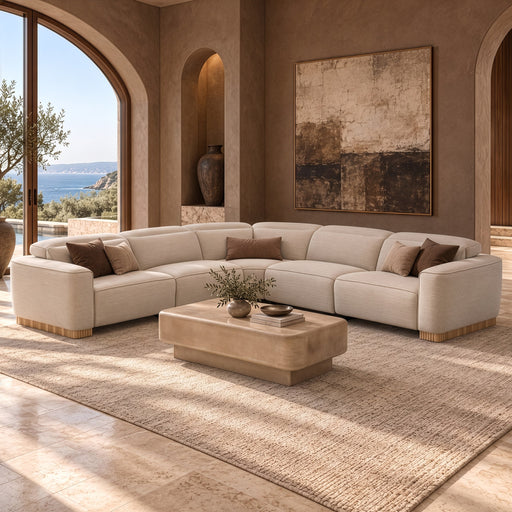 Aris - Modern Beige Fabric Sectional Sofa w/ 3 Power Recliners & Headrests — view 2
