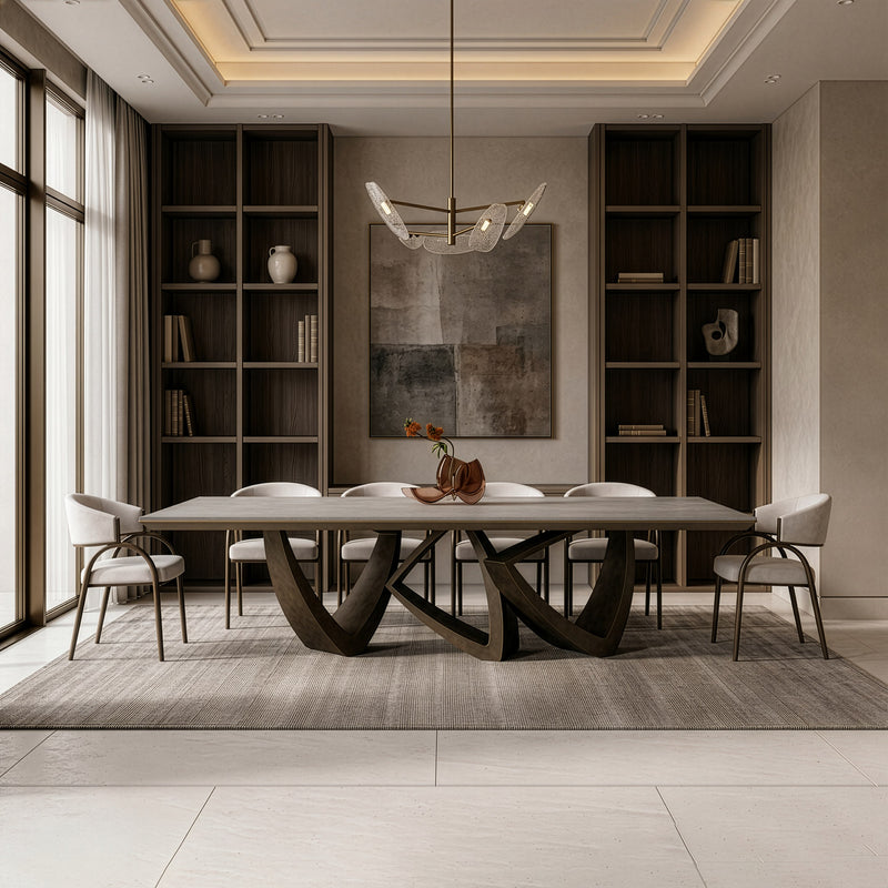 Dollemore - Modern Faux Travertine Ceramic + Antique Brass Dining Table — view 5