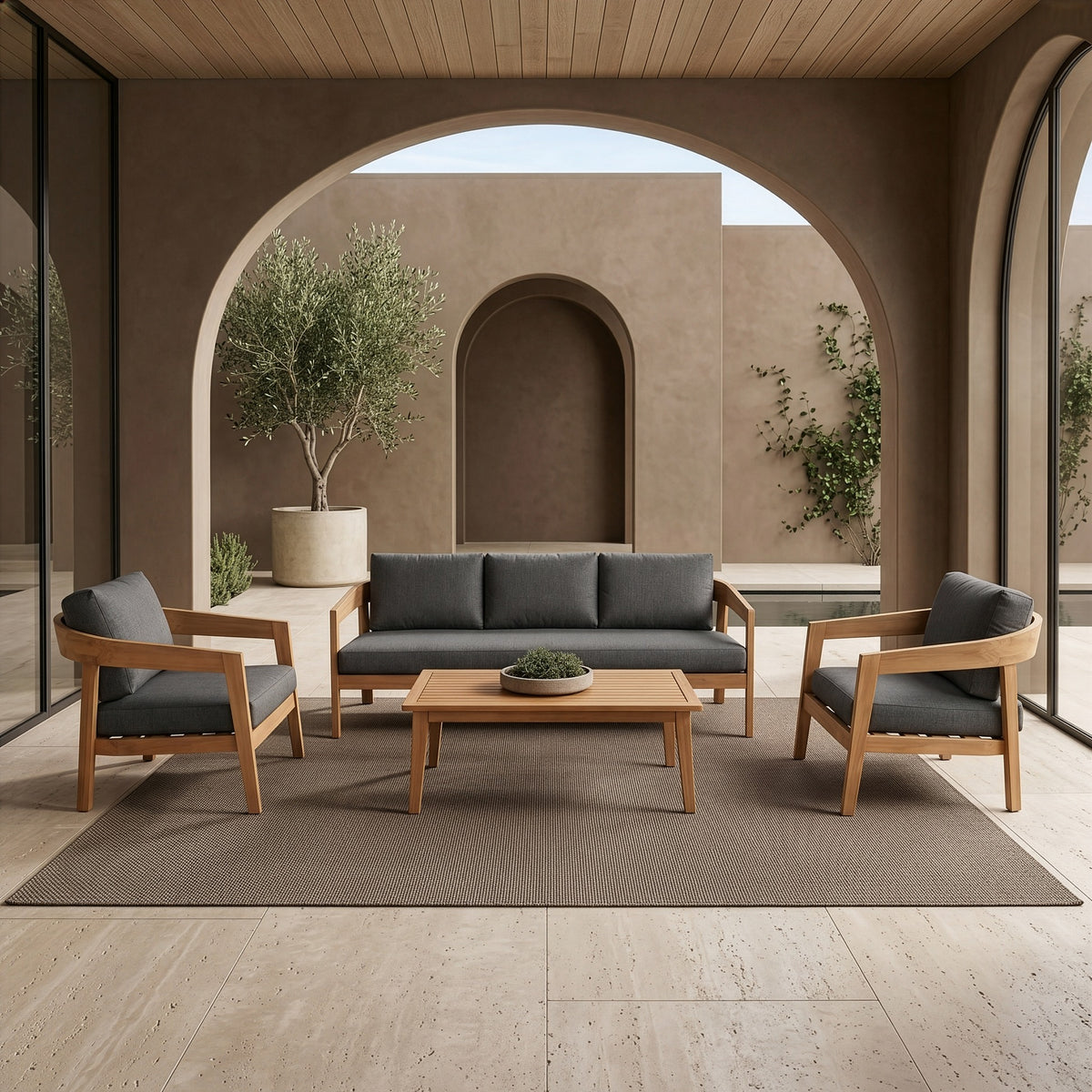 Sintra - Outdoor Grey Fabric + Eucalyptus Sofa Set — view 2