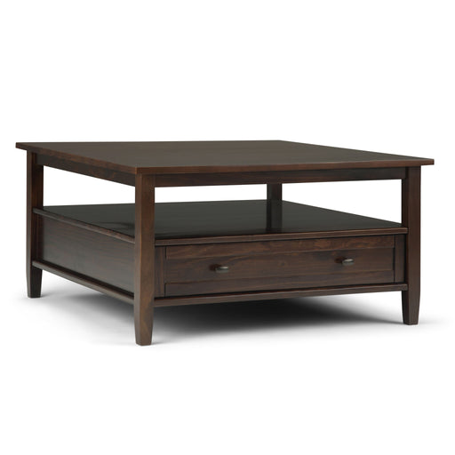 Square tobacco brown coffee table from the Warm Shaker collection by Simpli-Home, featuring a sturdy wood design.