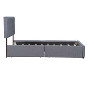 DreamHaus upholstered storage platform bed with classic headboard and drawers, no box spring needed, in a modern bedroom setting.