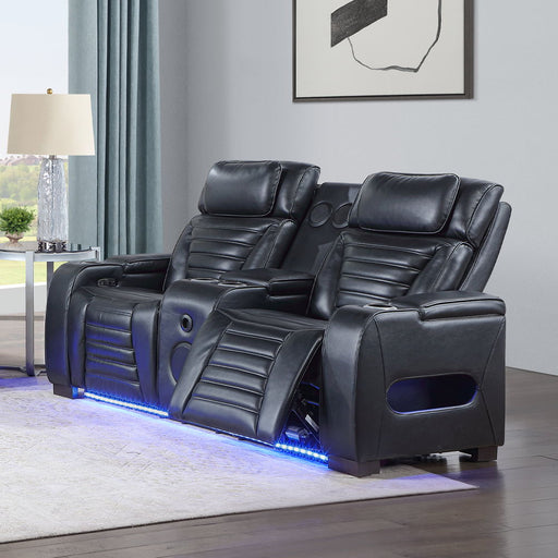 Ephron - Power Motion Loveseat With Console, Power Headrests, LED & Speakers - Black - R&R Furniture Gallery (Fountain Valley, CA)