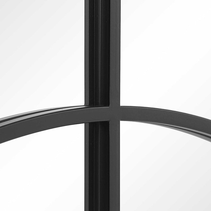 Black iron arched window mirror by Uttermost featuring a classic, elegant design suitable for vintage or modern decor.