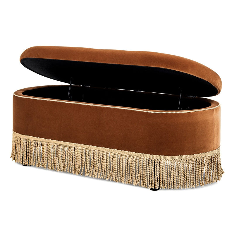 Jennifer Taylor Home Melinda oval tufted bullion fringe storage bench with beige fabric and wooden legs.