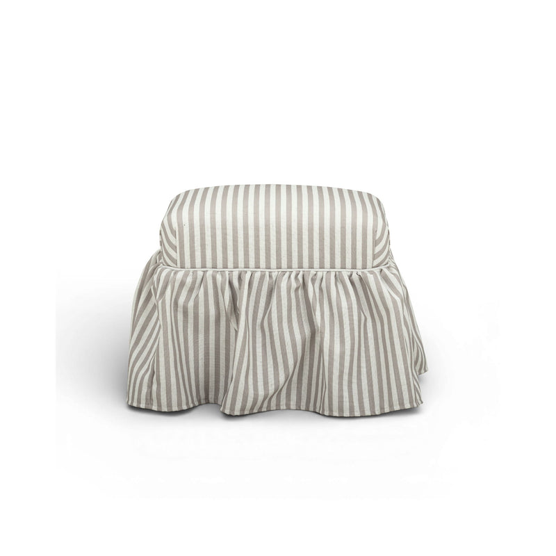 Gertrude striped linen upholstered ottoman by TOV Furniture, showcasing a stylish, cushioned design with striped fabric pattern.