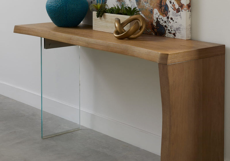 One Live-Edge White Oak and Glass Console Table in Bisque
