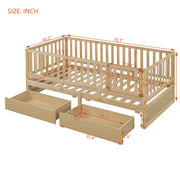 DreamHaus storage daybed with fence guardrails, two drawers, convertible into a floor bed and daybed, showcasing its versatile design.