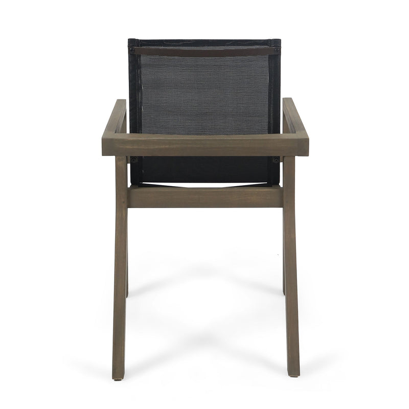 Set of two Noble House Belfast dining chairs with acacia wood frames and cushioned seats, shown from a front angle.