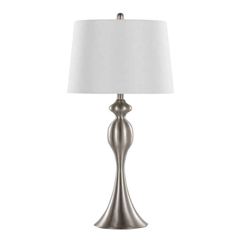 Lumi Source Ashland contemporary table lamp set with nickel finish and white shades, modern design for living room or bedroom decor.