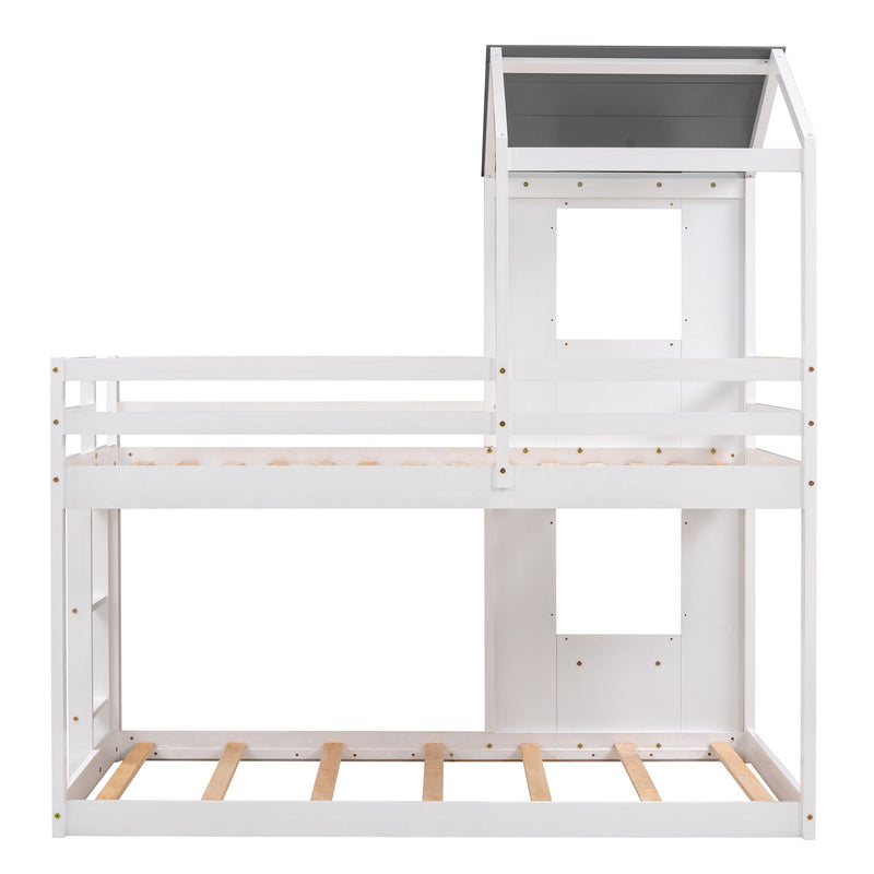DreamHaus wooden bunk bed with roof, window, guardrail, and ladder for children's bedroom.