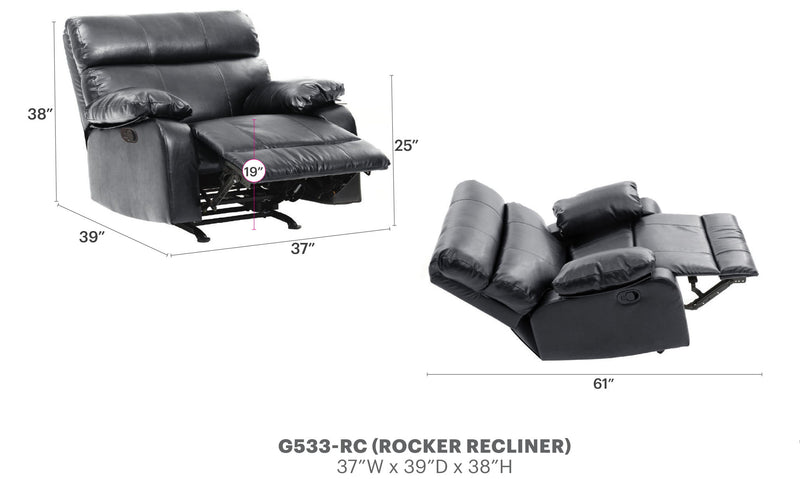 Glory Furniture modern design rocker recliner chair with plush cushioning and smooth rocking motion in a contemporary style.