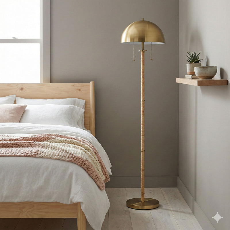 Allure - 2 Light Floor Lamp, Gold, Natural Tube, Double On / Off Pull Chain - Gold / Rattan - R&R Furniture Gallery (Fountain Valley, CA)