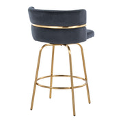 Lumi Source Cinch Glam Art Deco fixed height counter stool set with swivel, round footrest, and plush upholstery, set of two.