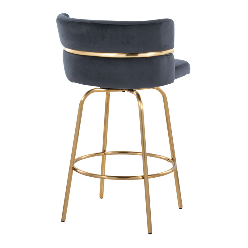 Lumi Source Cinch Glam Art Deco fixed height counter stool set with swivel, round footrest, and plush upholstery, set of two.