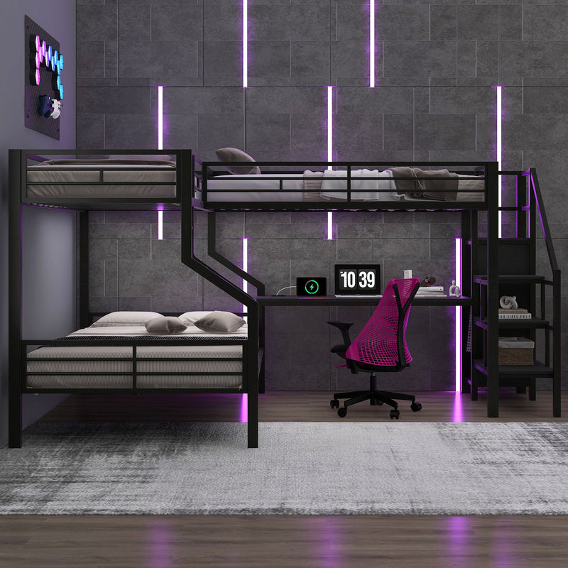 Twin Over Full L Shaped Bunk & Loft Bed With Built-In Wardrobe, Desk, And USB Ports - Black - R&R Furniture Gallery (Fountain Valley, CA)