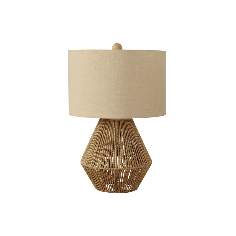 8th Street brown resin table lamp with rope detail, transitional style, featuring a classic lampshade and textured base.