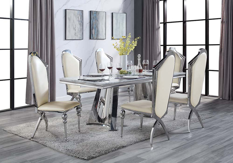 Destry - Dining Table With Engineering Stone Top & Pedestal Base - Engineering Stone Top & Mirrored Silver - R&R Furniture Gallery (Fountain Valley, CA)