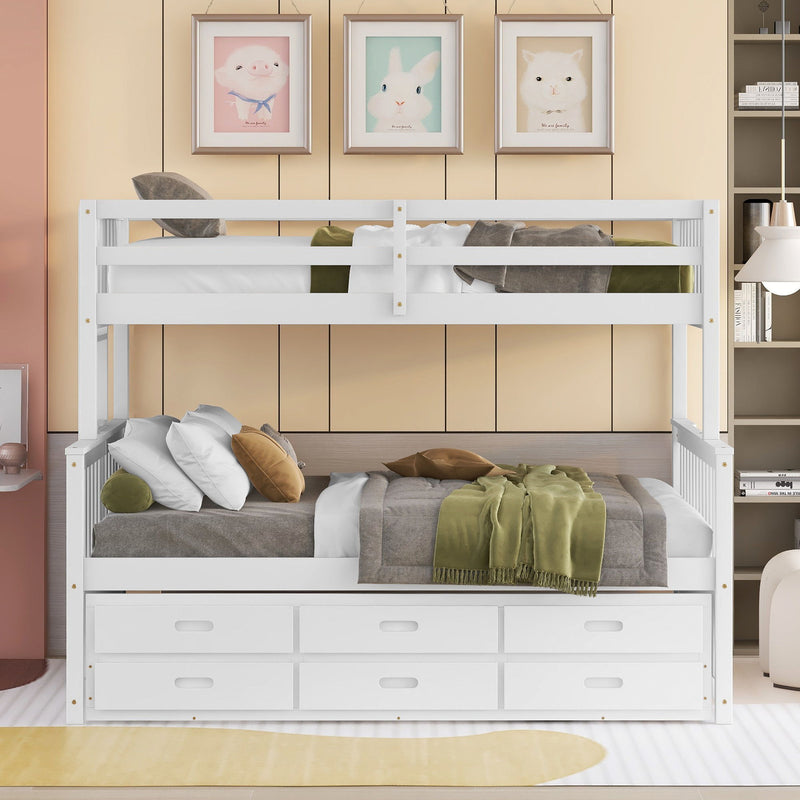 DreamHaus bunk bed with twin-sized top bed, under-bed trundle, and built-in storage drawers in a cozy bedroom setting.