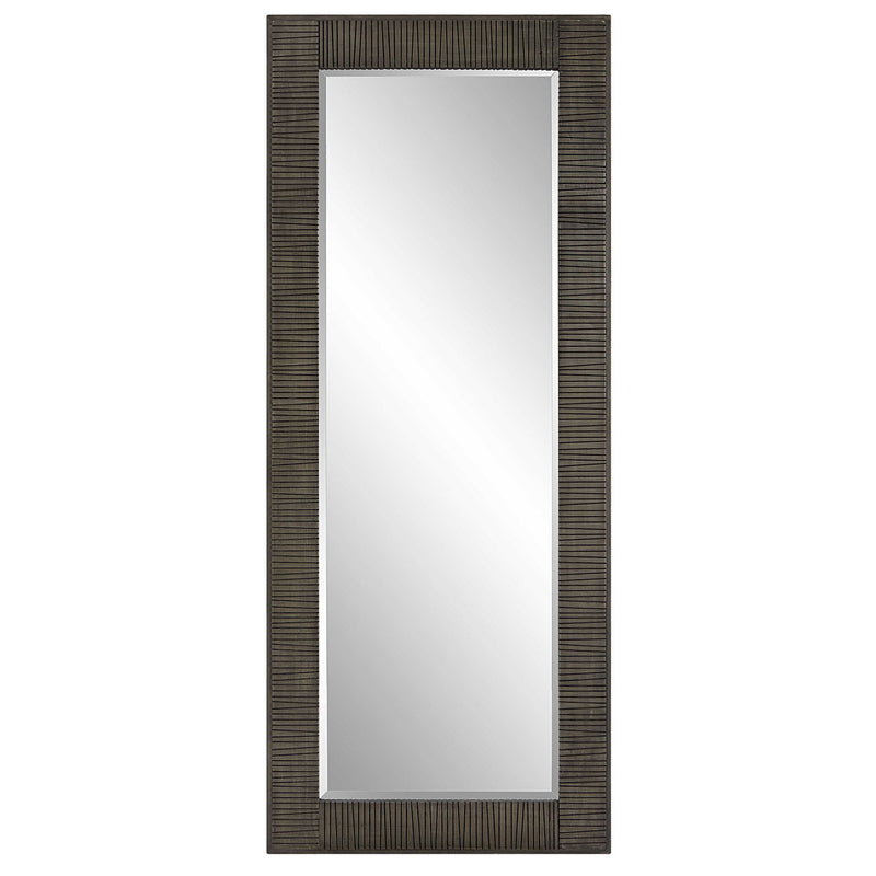 Gray Figaro oversized accent mirror by Uttermost with a bold, modern frame, hanging on a wall for stylish home decor.
