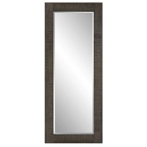 Gray Figaro oversized accent mirror by Uttermost with a bold, modern frame, hanging on a wall for stylish home decor.